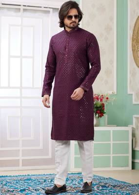 men's wine  straight kurta churidar with embroidered art silk   and with lining 2