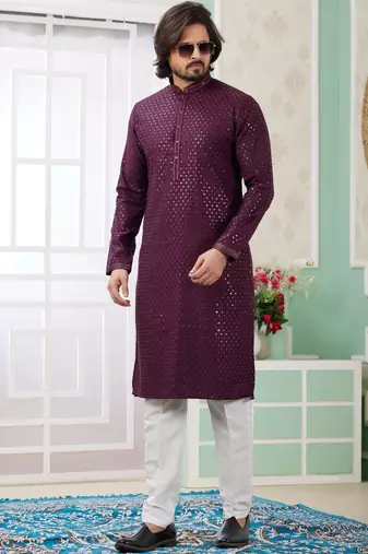 men's wine  straight kurta churidar with embroidered art silk   and with lining