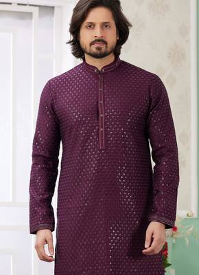 men's wine  straight kurta churidar with embroidered art silk   and with lining 3