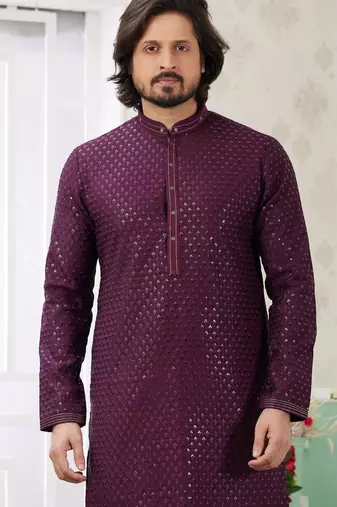 men's wine  straight kurta churidar with embroidered art silk   and with lining