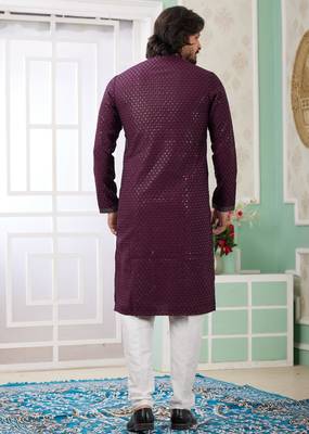 men's wine  straight kurta churidar with embroidered art silk   and with lining 4