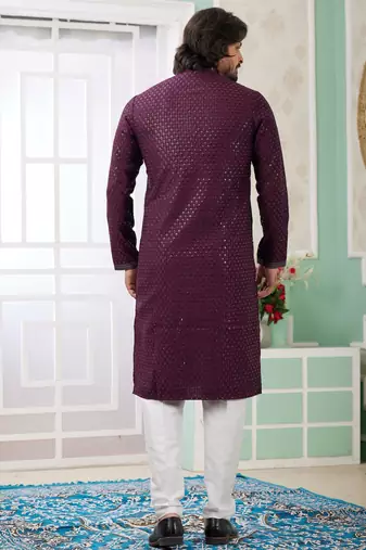 men's wine  straight kurta churidar with embroidered art silk   and with lining