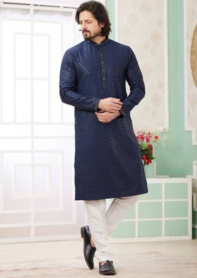 men's blue  straight kurta churidar with embroidered art silk   and with lining 1