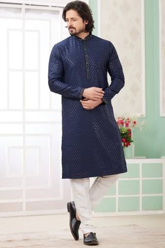 Men's blue  straight kurta with embroidered art silk  and with lining