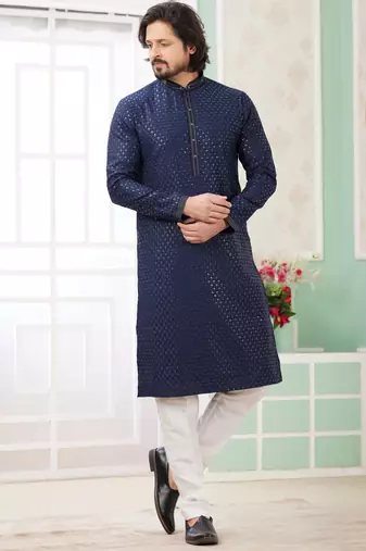 Men's blue  straight kurta with embroidered art silk  and with lining