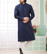 Men's blue  straight kurta with embroidered art silk   and with lining