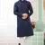 men's blue  straight kurta churidar with embroidered art silk   and with lining