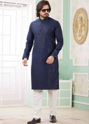 men's blue  straight kurta churidar with embroidered art silk   and with lining 2