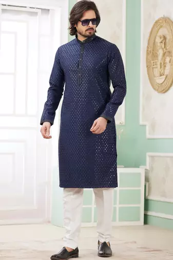 men's blue  straight kurta churidar with embroidered art silk   and with lining