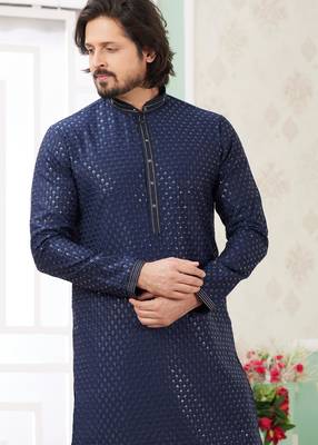 men's blue  straight kurta churidar with embroidered art silk   and with lining 3