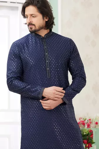 men's blue  straight kurta churidar with embroidered art silk   and with lining