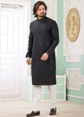 men's black  straight kurta pajama with embroidered art silk   and with lining 1