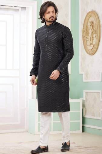 Men's black  straight kurta with embroidered art silk  and with lining