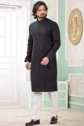 Men's black  straight kurta with embroidered art silk  and with lining