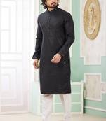 Men's black  straight kurta with embroidered art silk   and with lining