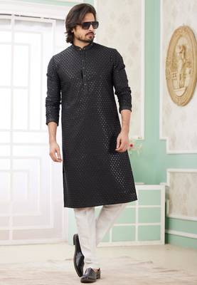 men's black  straight kurta pajama with embroidered art silk   and with lining 2