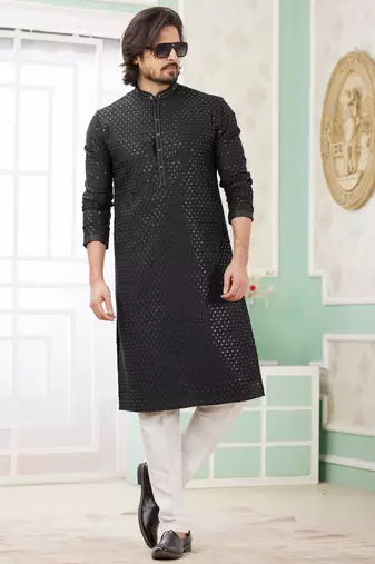 men's black  straight kurta pajama with embroidered art silk   and with lining