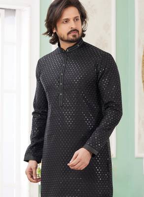 men's black  straight kurta pajama with embroidered art silk   and with lining 3