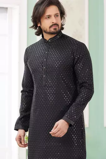 men's black  straight kurta pajama with embroidered art silk   and with lining
