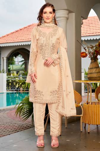 Cream color chinon fabric designer embroidered free size stithed suit