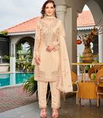 Cream color chinon fabric designer embroidered free size stithed suit
