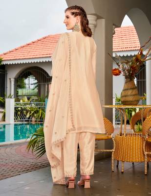 Cream color chinon fabric embroidered free size stithed suit 2
