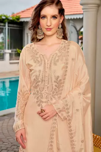 Cream color chinon fabric embroidered free size stithed suit