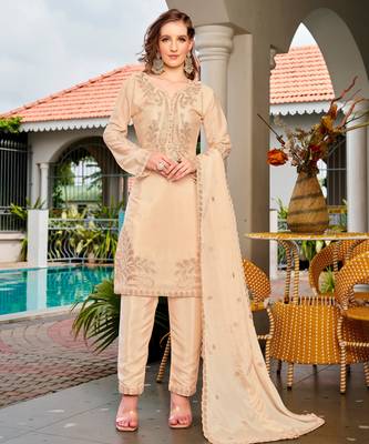 Cream color chinon fabric embroidered free size stithed suit 4
