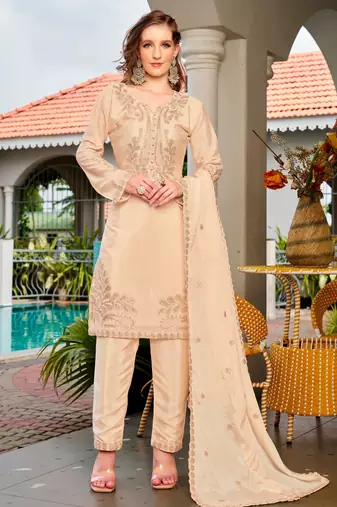 Cream color chinon fabric embroidered free size stithed suit