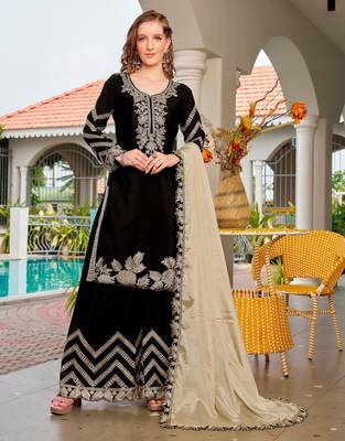 Black color chinon fabric embroidered free size stithed suit 1