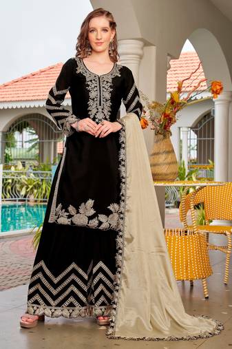 Black color chinon fabric designer embroidered free size stithed suit