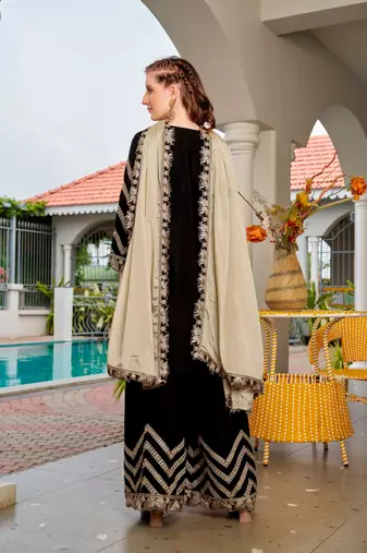 Black color chinon fabric embroidered free size stithed suit