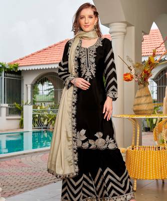 Black color chinon fabric embroidered free size stithed suit 4
