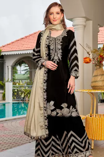Black color chinon fabric embroidered free size stithed suit