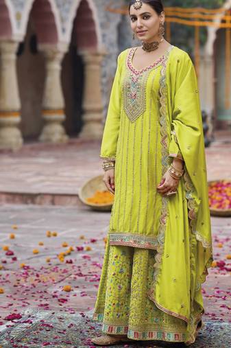 Lemon color chinon fabric wedding designer palazzo dress for ceremonial looks