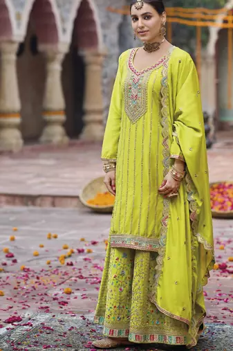 Lemon color chinon fabric wedding designer palazzo dress for ceremonial looks