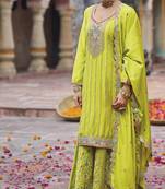 Lemon color chinon fabric wedding designer palazzo dress for ceremonial looks