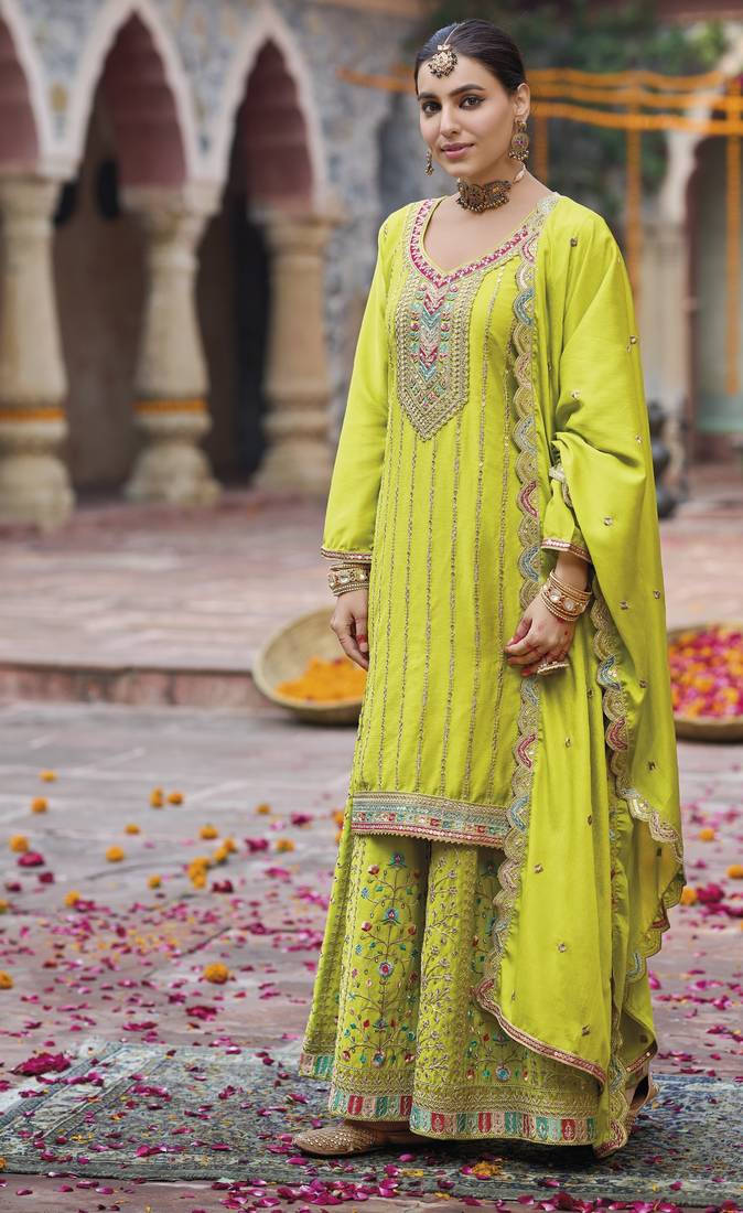 Lemon color chinon fabric wedding designer palazzo dress for ceremonial looks