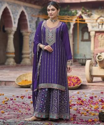 Purple color chinon fabric wedding palazzo dress for ceremonial looks 1