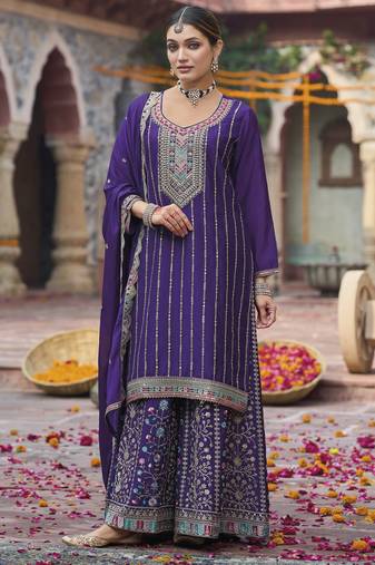 Purple color chinon fabric wedding designer palazzo dress for ceremonial looks
