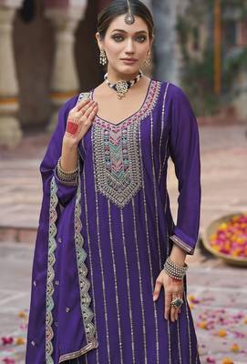 Purple color chinon fabric wedding palazzo dress for ceremonial looks 2
