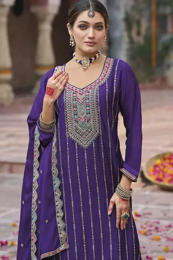 Purple color chinon fabric wedding palazzo dress for ceremonial looks