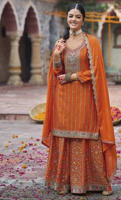 Orange color chinon fabric wedding palazzo dress for ceremonial looks 1