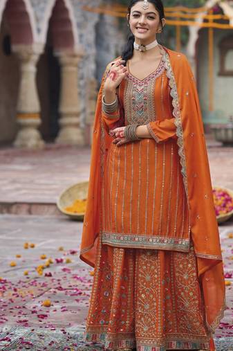 Orange color chinon fabric wedding designer palazzo dress for ceremonial looks