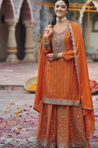 Orange color chinon fabric wedding designer palazzo dress for ceremonial looks