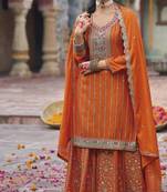 Orange color chinon fabric wedding designer palazzo dress for ceremonial looks