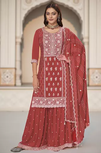 Rust color heavy embroidery work chinon fabric ethnic indian palazzo suit