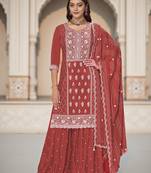 Rust color heavy embroidery work chinon fabric ethnic indian palazzo suit