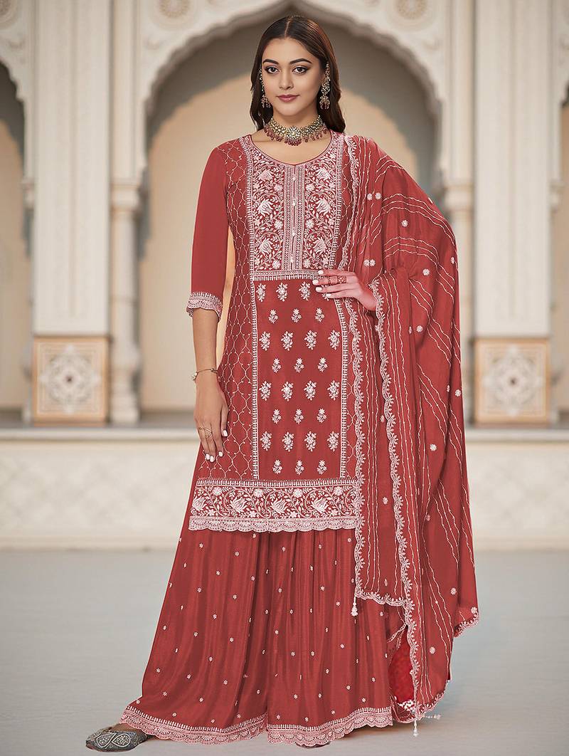 Rust color heavy embroidery work chinon fabric ethnic indian palazzo suit