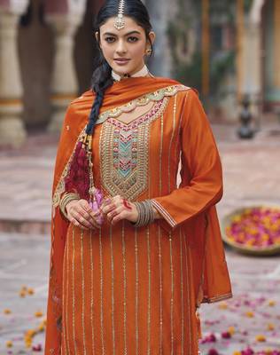 Orange color chinon fabric wedding palazzo dress for ceremonial looks 2
